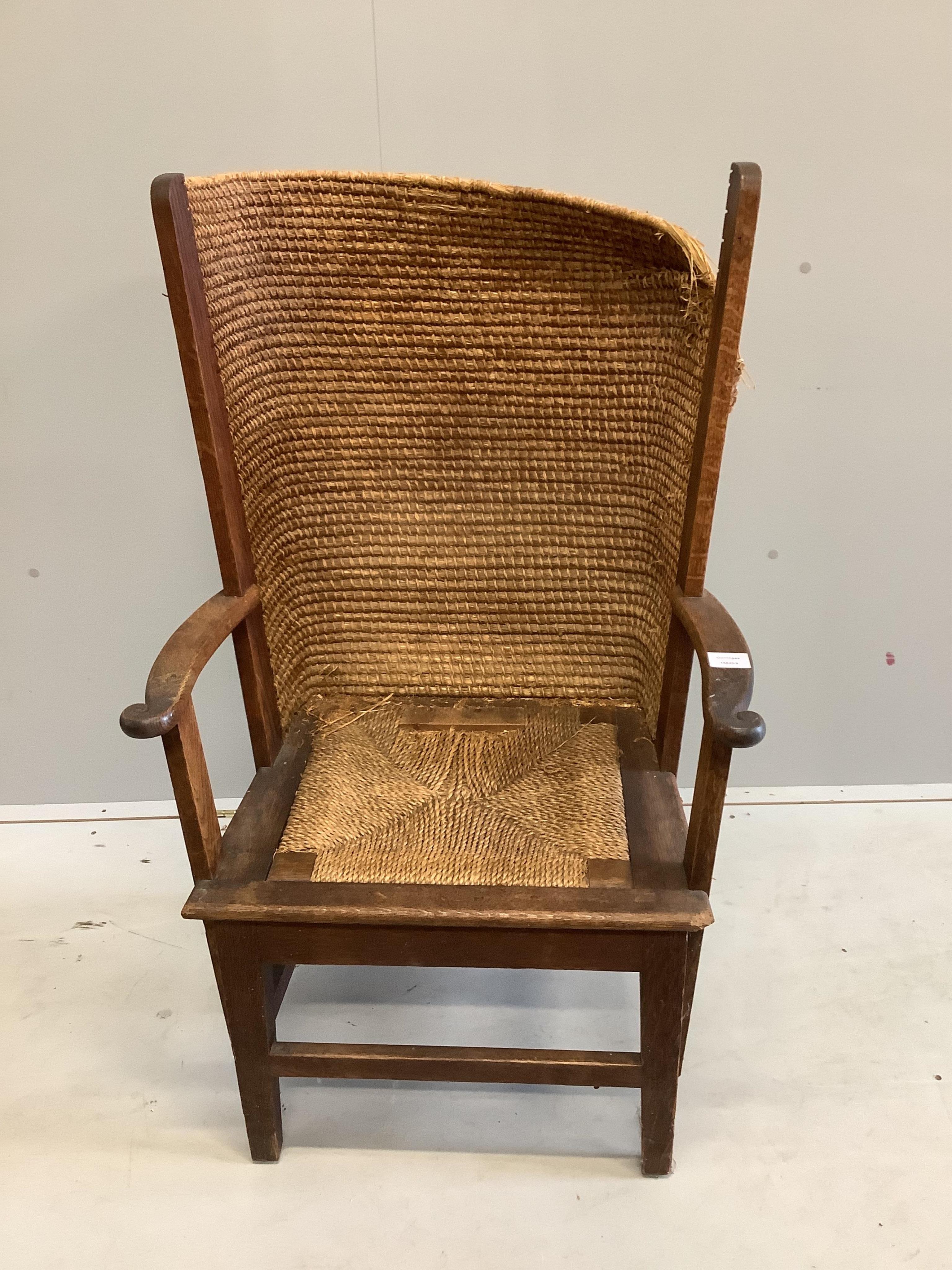 A Victorian oak Orkney chair, width 60cm, depth 48cm, height 108cm. Condition - poor to fair